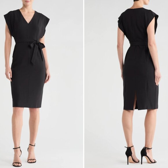 New Eliza J Women's Size 10 Black Sleeveless Sheath Midi Dress with Belt - Picture 3 of 14